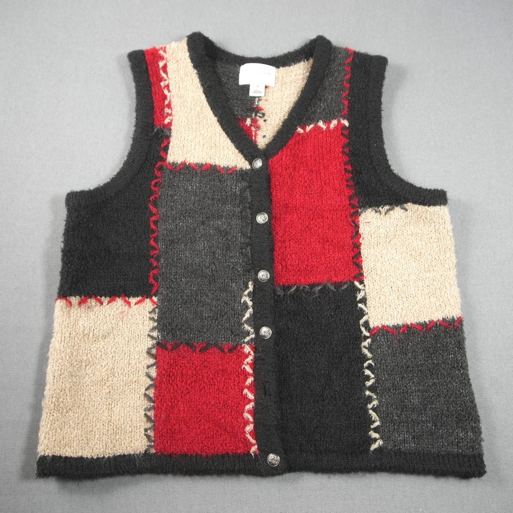 Mohair Blend Patchwork Hand Embroidered Women Sweater Vest M Coastal Soft Boho